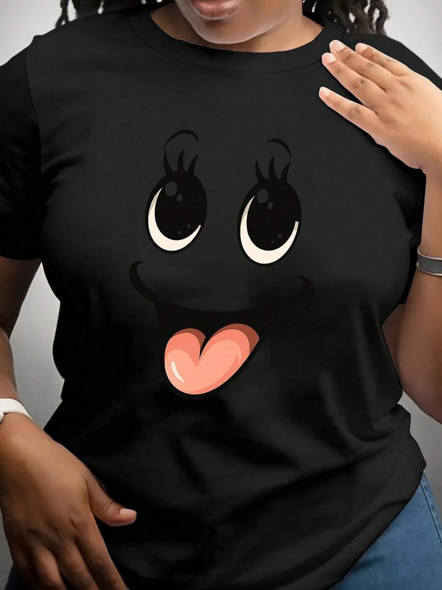 Women'S "Smile" Printed Short-Sleeved T-Shirt | Soft And Breathable, Moderate Elasticity, Machine Washable, Crew Neck, Perfect For Summer Fashion, Casual Style - 黑色 - 查看 1