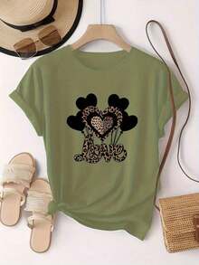 Graphic Tees2026 New Women's Pure Cotton Casual T-Shirt, Combining Boldness With Delicacy, With A Black Heart-Shaped Balloon Print And Leopard Print, And U - 綠色 - 查看 4
