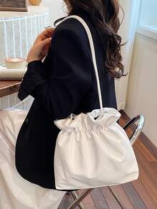 Black Drawstring Cloud Handbag, Soft PU Leather Ruched Tote, Lightweight Shoulder Bag For Women, Versatile Daily Purse - White - View 10