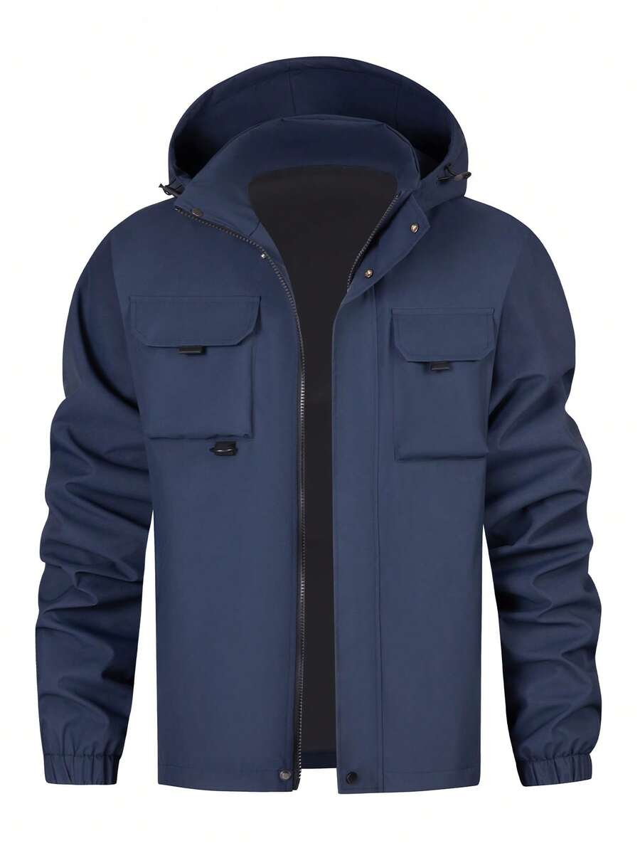 1pc Men's Jacket, Navy Blue, Multi-Pocket, Hooded, Windbreaker, Drawstring Adjustable Design, Durable Woven Fabric, Wrinkle-Resistant, Business Casual Style, Suitable For Commuting, Outdoor, Leisure Wear - Navy Blue - View 1