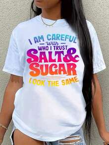 Women's "Salt & Sugar Trust Issue" Slogan T-Shirt - Lightweight Short Sleeve Crew Neck Top With Bold Salt/Sugar Print, Machine Washable Casual Streetwear Suitable For All Seasons, Non-Blouse Style - 白色 - 查看 1