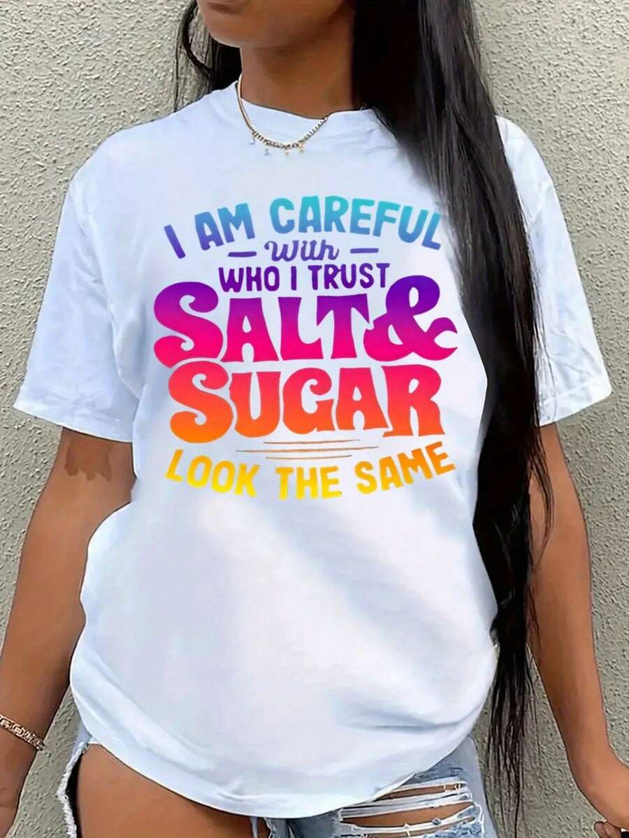 Women's "Salt & Sugar Trust Issue" Slogan T-Shirt - Lightweight Short Sleeve Crew Neck Top With Bold Salt/Sugar Print, Machine Washable Casual Streetwear Suitable For All Seasons, Non-Blouse Style - 白色 - 查看 1