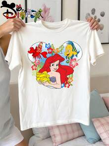 Disney Mermaid Princess Ariel Double-Sided Print Kids' T-Shirt, Cute Cartoon Casual Tee, Perfect For Daily Wear, School Activities, Family Outings And Beach Trips, Shipped From Local Warehouse - trắng - Xem 4