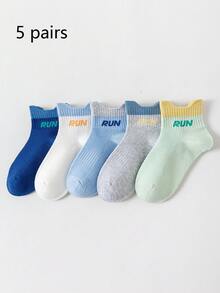5 Pairs Summer Comfortable Mesh Breathable Versatile Letter Print Boys Socks, Lightweight Casual Cute Sports Children Socks, Short Socks, Student Socks, Suitable For Daily Wear - Multicolor - View 9