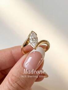MADEONE 1枚时尚V形单钻戒指，黄金材质，梨形切割钻石点缀，几何封闭式镶嵌，现代风格，百搭各种服饰 - 設計馬眼戒指 - 查看 4