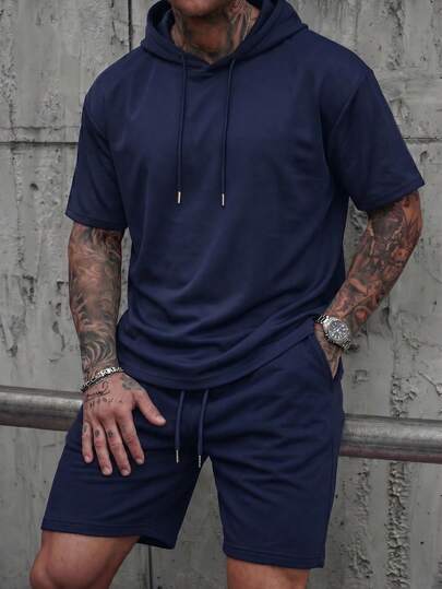  Conjunto de sudadera con capucha de unicolor y pantalones cortos con cordón de cintura para hombre, estilo casual de verano FRACTYR