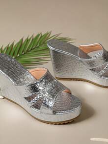 Nuevas sandalias/pantuflas de mujer con plataforma y cuña gruesa - Plateado - Ver 6