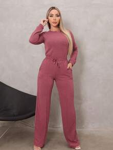 Women's Set: Wide Leg Pants And Long Sleeve Ribbed Knit Top - Premium Winter Casual Chic - 藕粉色 - 查看 9