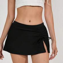 Drawstring Fashion Swim Shorts For Women, Hip-Hugging, Tummy-Controlling, Mid-Waist Swim Shorts - Black - View 3