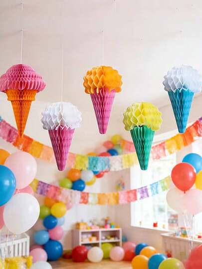 4 món đồ trang trí bằng giấy hình tổ ong treo, hình kem, thích hợp cho các bữa tiệc theo chủ đề, tiệc bất ngờ, trang trí tiệc sinh nhật, tiệc ngoài trời, tiệc bể bơi, lễ hội mùa hè và phông nền chụp ảnh tiệc, tạo nên không khí lễ hội.