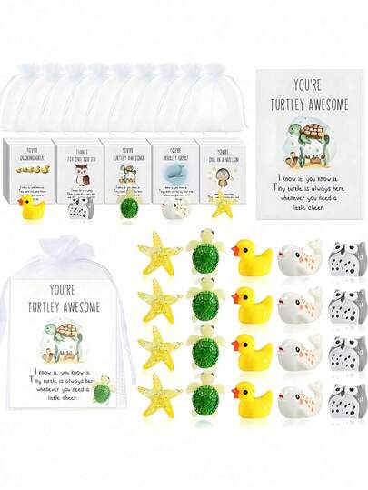 5pcs/Set Resin Animal Theme Greeting Cards, Includes Small Animal Figurines, Animal Greeting Cards, White Organza Bags, Holiday Party Decor, Wedding Favors, Coworker Gifts, Pocket Gifts, Suitable As Birthday Gifts For Friends, Colleagues, Teachers, Family Members, And Wedding Decorations