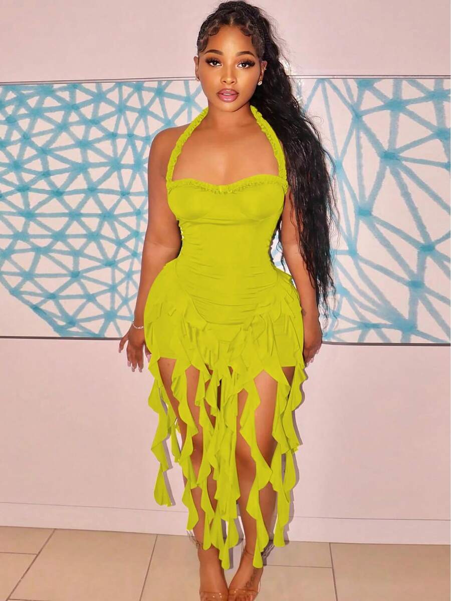 Hugcitar elegante Halter sólido volantes espalda descubierta Taseel Sexy Mini vestido ajustado primavera mujeres trajes lindos fiesta de cumpleaños vacaciones - Amarillo - Ver 1
