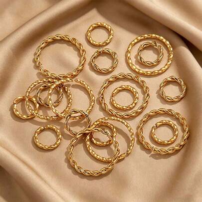 20 chiếc khoen nối bằng thép không gỉ mạ vàng 18K, kiểu vặn mở, có hoa văn dập nổi, dùng để tự làm vòng cổ, vòng tay, bông tai và các loại trang sức khác.
