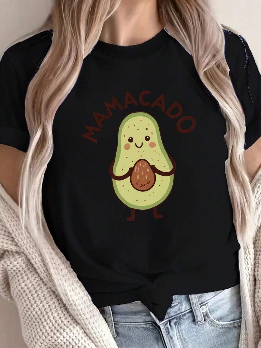 Mamacado Avocado Women's T-Shirt | 100% | Casual Round Neck | Playful Geometric Avocado Graphic | All-Season Comfort Fit | Machine Washable | Smooth Knit Fabric