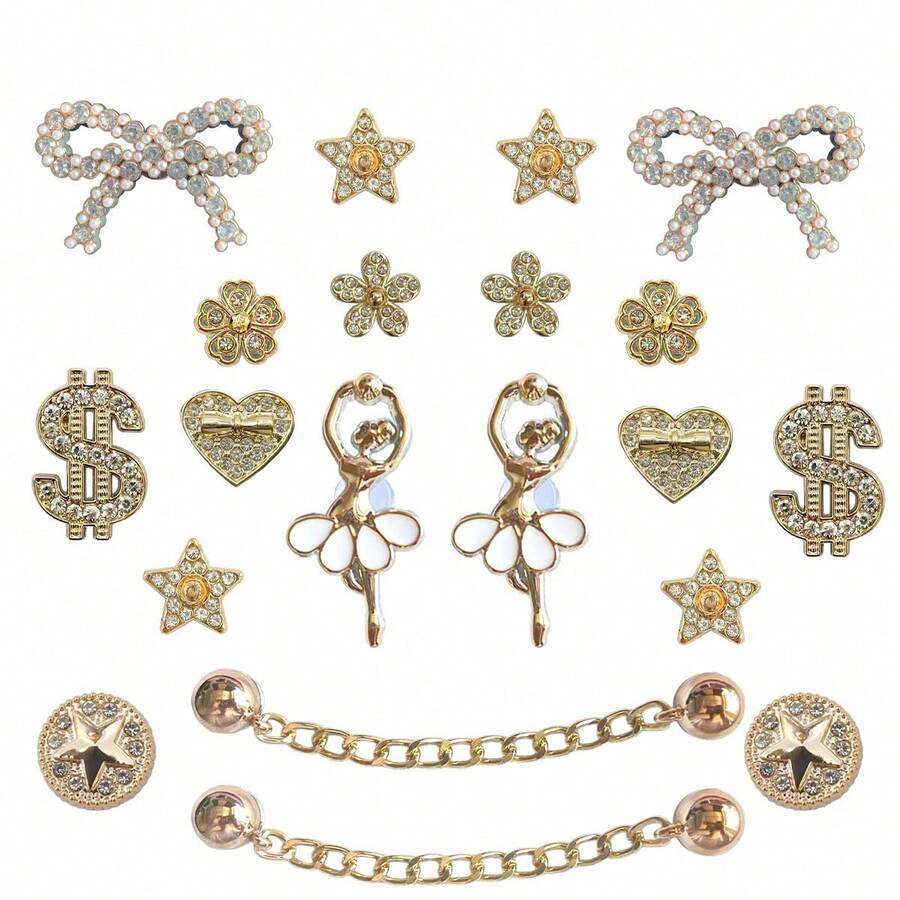20pcs Luxury Rhinestone Metal Hollow Shoe Charms, Ballerina Girl Bow Tie Chain, DIY Shoe Decorations - Gold - View 1
