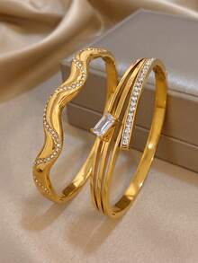 1 pièce Bracelet en acier inoxydable plaqué or 18K, forme demi-vague incrustée de zircone, bracelet pour filles, bijoux en acier inoxydable, bijoux de designer, convient pour le port quotidien/fête, accessoires d'été, accessoires de plage pour filles, Pâques, cadeaux pour la fête des mères, cadeaux d'anniversaire, cadeaux pour petite amie, bijoux bohèmes - Multicolore - Voir 1