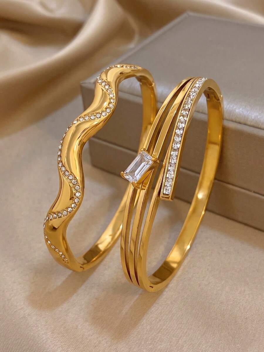 1 pièce Bracelet en acier inoxydable plaqué or 18K, forme demi-vague incrustée de zircone, bracelet pour filles, bijoux en acier inoxydable, bijoux de designer, convient pour le port quotidien/fête, accessoires d'été, accessoires de plage pour filles, Pâques, cadeaux pour la fête des mères, cadeaux d'anniversaire, cadeaux pour petite amie, bijoux bohèmes - Multicolore - Voir 1