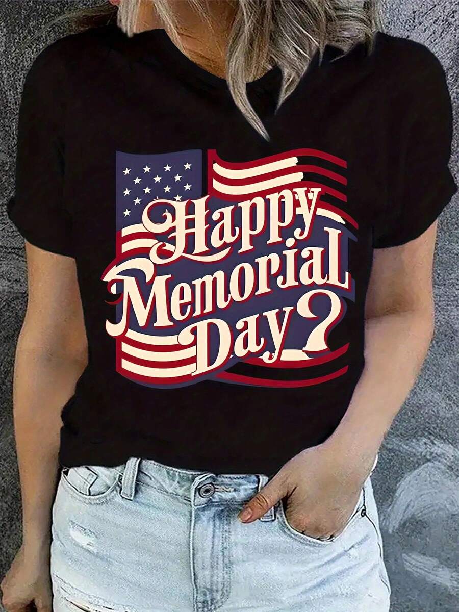 Patriotic Memorial Day T-Shirt - Short Sleeve Round Neck Casual Top With Flag & "Wo" Design, Slightly Stretch Fabric, Regular Fit All-Season Blouse-Compatible Shirt Suitable For Casual Attire & Themed Events - 黑色 - 查看 1