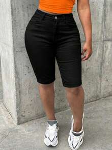 Women's Casual Distressed Elastic Denim Shorts, Suitable For Commuting And Daily Wear, Spring/Summer - Black - View 3