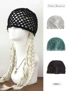1pc Hollow Out Beaded Slouchy Beanie For Women, Summer Stylish Knit Headwrap, Fashion Casual Solid Color Pullover Hat For Street Look - Silver Beaded Tassel Mesh - View 1