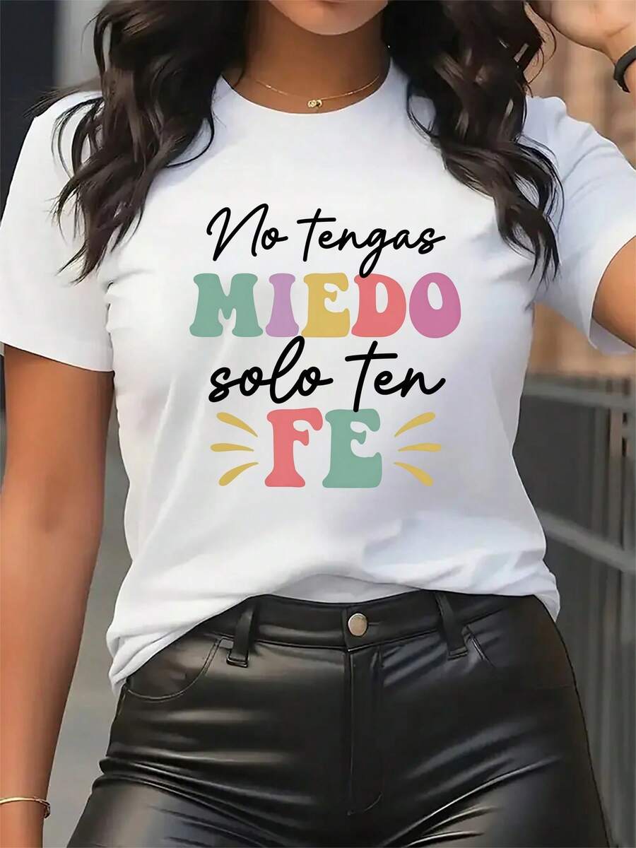 "Fearless Only Faith" Women's Faith-Themed T-Shirt - Short-Sleeve Crew Neck T-Shirt, Blouse-Friendly, Suitable For All Seasons, Machine-Washable Polyester Top, Casual Crew Neck T-Shirt For Daily Wear And Gifts, Multi-Color Available - 白色 - 查看 1