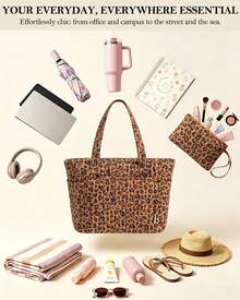 Puffer Tote Bag For Women, Quilted Cotton Laptop Work Tote Shoulder Bag For College School, Teacher, Nurse, Travel | Top Full-Zip Closure, Lightweight, Puffy, With Cosmetic Bag, 40 OZ Tumbler Holder, 14" Computer Bag, Ideal Gift For Women, Leopard - Beo - Xem 9