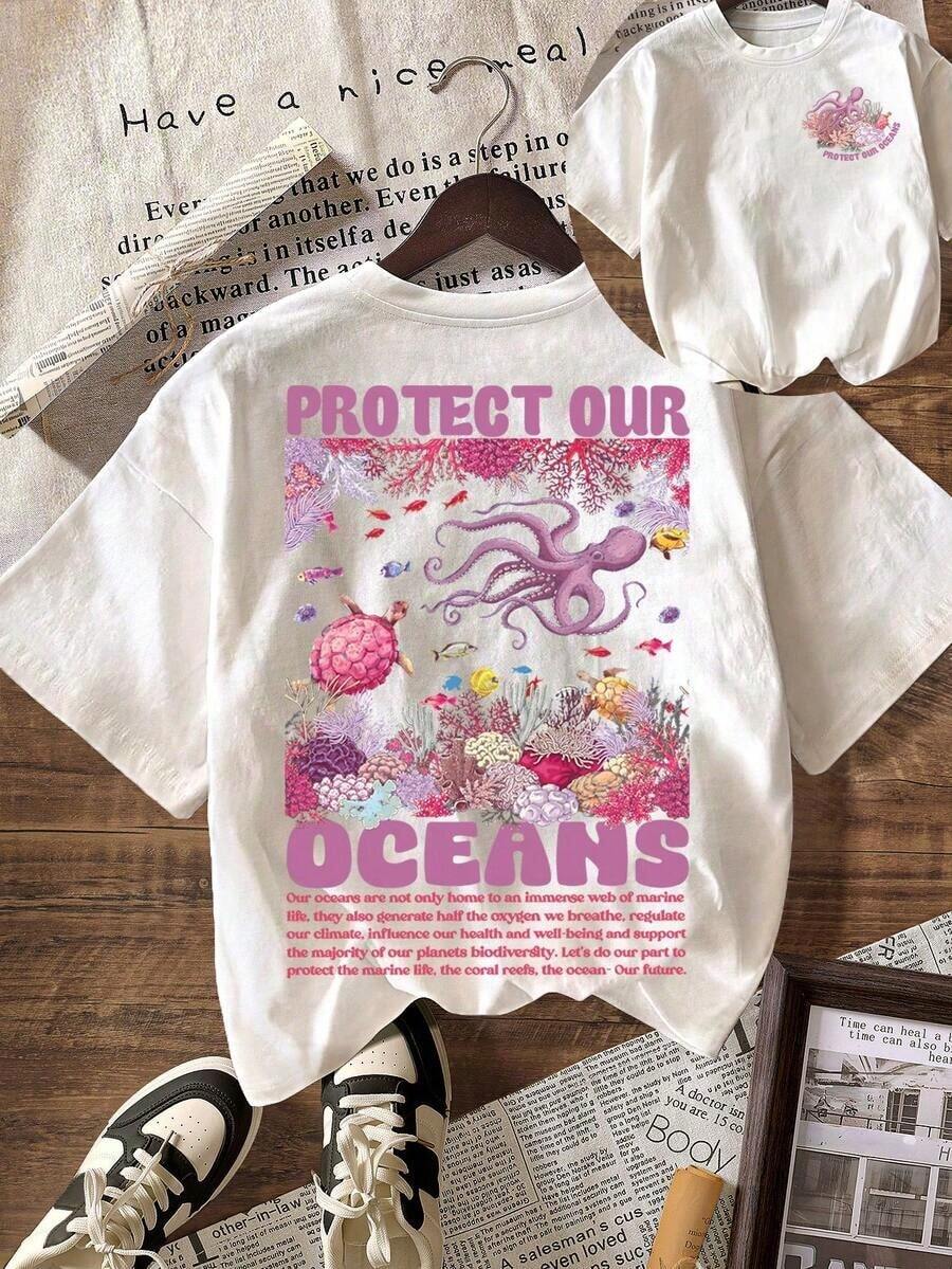 Women's Short-Sleeved Crew Neck T-Shirt, Graphic Design "Protect Our Oceans, Shark, Save The Ocean, Respect Local Inhabitants", White, 100% Cotton, For Summer. - 白色 - 查看 1