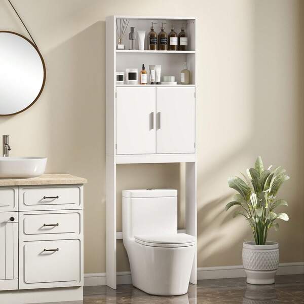 HOMCOM Over The Toilet Storage Cabinet, 4-Tier Bathroom Organizer With Adjustable Shelf And 2 Doors, Freestanding Bathroom Space Saver, White