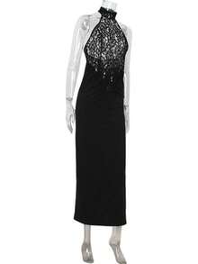 Vestido ajustado con encaje cuello colgante y espalda descubierta - Negro - Ver 5