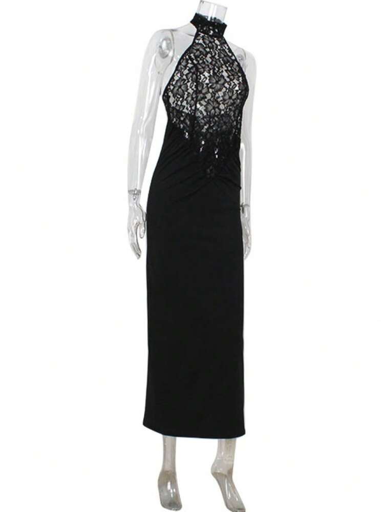 Vestido ajustado con encaje cuello colgante y espalda descubierta - Negro - Añade 5
