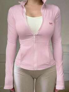 Chaqueta ajustada de punto para mujer, color morado sólido, manga larga, cuello alto y cierre de cremallera frontal, estilo deportivo casual y favorecedor, ideal para primavera y otoño, actividades al aire libre, gimnasio, yoga, uso diario y combinaciones con leggings y pantalones deportivos - Rosa 4 - Ver 2