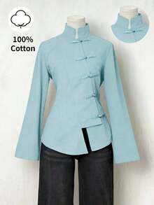 Blazer para mujer con diseño de inspiración oriental, corte ajustado, detalles de botones de nudo tradicionales y tejido suave, color negro y estilo chic retro, perfecto para looks semi-formales, eventos culturales, reuniones informales y combinaciones elegantes con ropa de calle - Azul - Ver 12