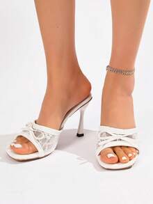 Giày sandal cao gót nữ 2026, sandal cao gót thanh lịch phối ren lưới nơ mới cho mùa xuân/hè, giày dự tiệc, ngày Valentine. - trắng - Xem 4