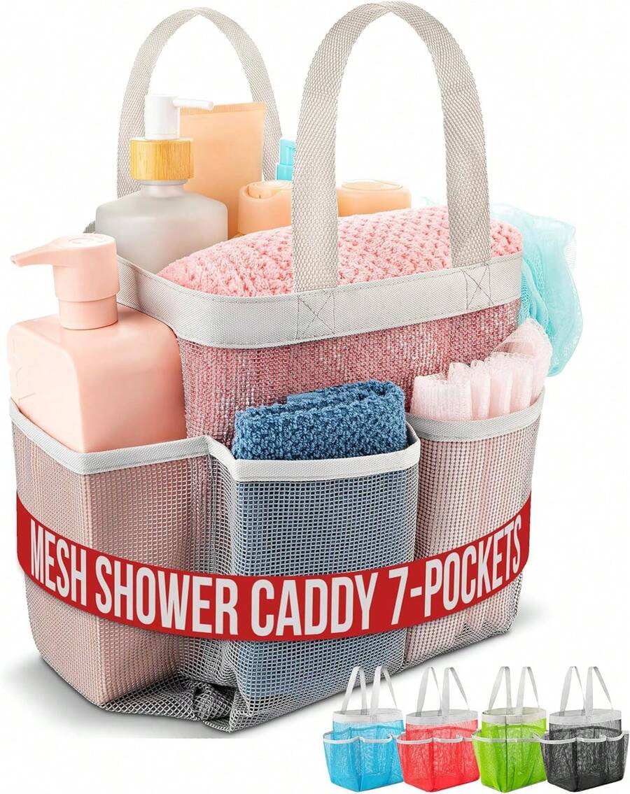 Handy Laundry Mesh Shower Caddy U2013 7 Pocket Portable Organizer Tote For College Dorm, Gym, Travel &Amp; Bathroom U2013 Quick Dry, Collapsible, Lightweight Shower Bag With Handle (Gray) - MàuF - Xem 1