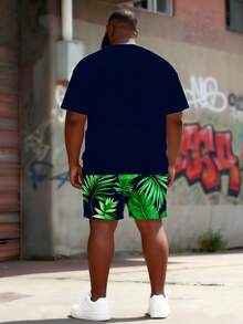 Plus Size Men Palm Tree Print Vacation Short Sleeve Set Plus Size Green Plant Print 2-Piece Set, Casual And Workout Drawstring Suit, Summer - Multicolor - View 5