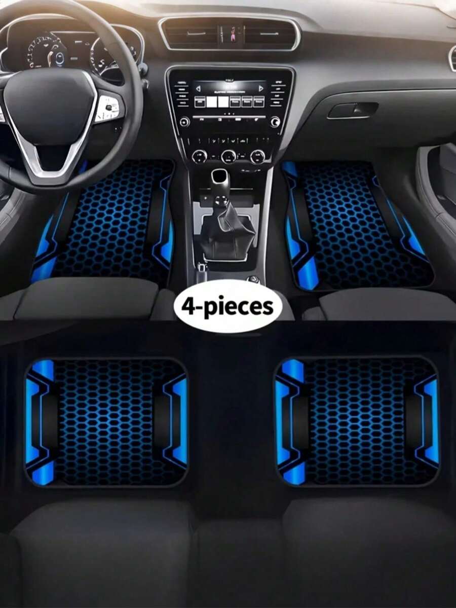 4pcs Car Floor Mat Set, 2D Creative Pattern Print With Tech Style Border, Non-Slip Polyester Material Front And Rear Seat Universal Car Floor Mat Liners, Suitable For Sedan SUV Interior Accessories - A - View 1