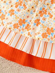 Conjunto de 3 vestidos para niña con cuello cuadrado y volantes acanalados, estampado floral + estampado a rayas + color liso, multicolor, para uso diario, escuela, vacaciones y fiesta, outfit de vuelta al cole - Multicolor - Ver 12