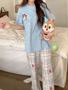 Gongdie Bộ 2 món đồ ngủ nữ Disney, bộ đồ ngủ ngắn tay cotton mùa hè, họa tiết kẻ caro thoải mái mặc ở nhà - Màu xanh nhạt - Xem 4