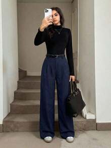 Pantalones plegados elegantes con bolsillos para mujeres maestras, pantalones de otoño/invierno de cintura alta, pantalones de pierna ancha, pantalones sueltos, pantalones holgados, pantalones de negocios profesionales para mujeres, pantalones - Azul marino - Ver 6