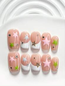 10Pcs French Style Handmade Press On Nail,Polygel Nail Set,Colorful Stars,Pink,Green,Blue And White Nail Polish,Fresh And Playful Style,Includes Nail Tools,3 Sizes Available,Square,Short Square,Almond,Nails For Party,Dance,Daily Wear. - 彩色 - 查看 4