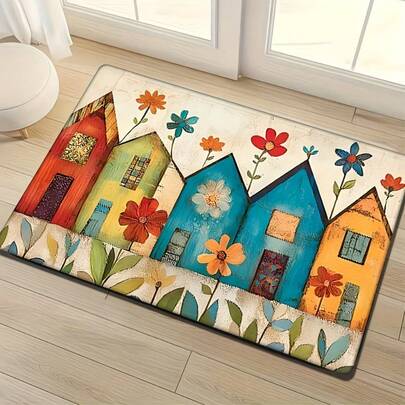 1pc Luxury Nordic Cartoon House Doormat, Non-Slip, Washable, Polyester Fiber, Suitable For Kitchen, Living Room, Bedroom, Laundry Room, Easy To Clean Lightweight Soft Comfortable Kitchen Mat, Living Room Mat, Bedroom Mat, Decorative Mat, Indoor Mat, Bathroom Mat, Outdoor Doormat