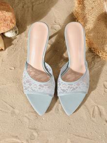 Blue Mesh Open Toe Stiletto High Heel Slide Sandals, Pointed Toe Slip-On Women's Sandals - Baby Blue - View 5
