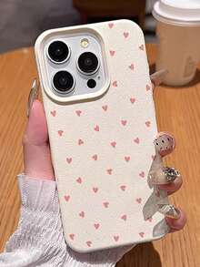 1 pieza Funda de teléfono con textura de cuero de litchi de unicolor y agujero grande, funda protectora de teléfono con estampado de corazón rosa de moda para chicas, compatible con iPhone 11/12/13/14/15/16/16 Pro Max, funda protectora de teléfono suave de TPU minimalista, compatible con iPhone 17 Pro Max/17 Pro/17, funda de teléfono cómoda con textura de cuero de litchi antideslizante - Multicolor - Ver 3