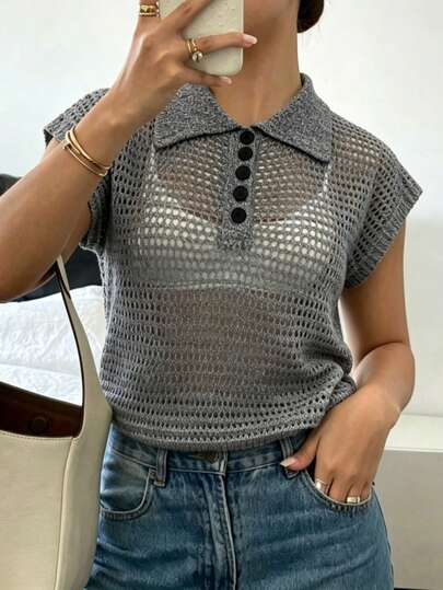 Áo len dệt kim tay ngắn cổ polo cài nút, cỡ lớn, kiểu dáng thường ngày.