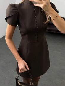 Women's Fashionable Versatile Minimalist Button-Up Commuter Dress - Brown - View 4