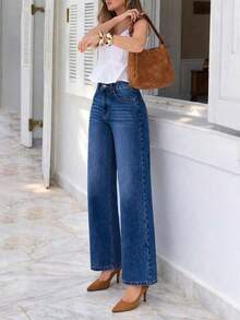Jeans anchos y sueltos de color azul claro con cintura elástica, versátiles para vacaciones, ir al trabajo y uso casual diario - Azul - Ver 2