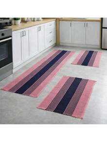 Kitchen Mat And Runner Set With 3 Pieces, Various Colors, Plain And Striped - Light Pink - View 2