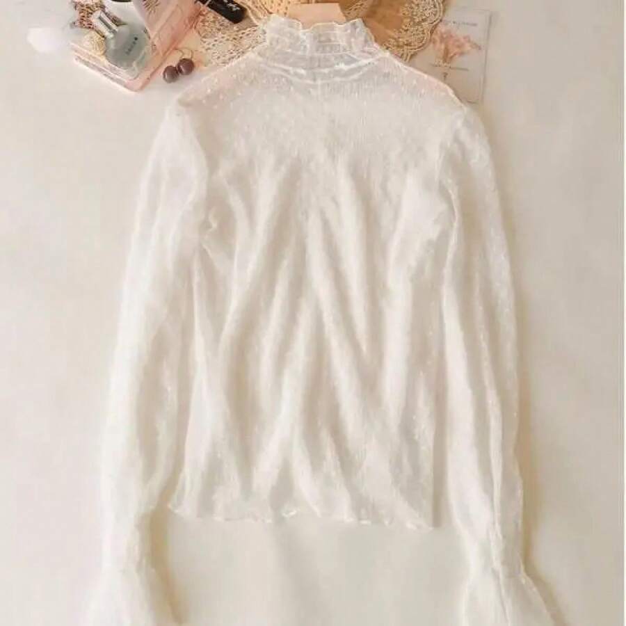 Blusa de Malla Transparente con Cuello Alto para Mujer, Estilo Veraniego, Delgada, con Encaje, Mangas Largas y Acampanadas - Blanco - Ver 1