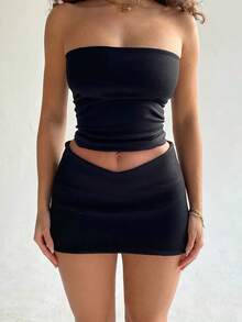 Hugcitar-Top corto de tubo liso sin mangas con pliegues, faldas, conjunto de 2 piezas a juego, ropa de calle de moda de verano, ropa de playa, envío directo - Negro - Ver 4