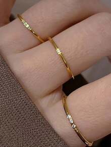 2pcs Exquisite Stainless Steel Rings With 1 Diamond And 3 Diamonds, Luxury Titanium Steel Jewelry, Suitable For Teenage Girls Daily Wear - Gold - View 6